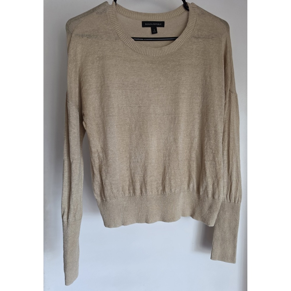 Banana Republic Sweater Women S Beige Solid Round Neck Long Sleeve Linen Top